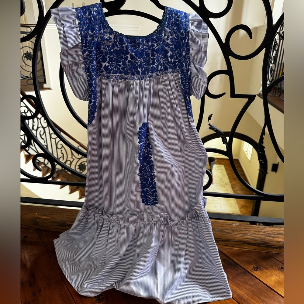 Mi Golondrina Blue Embroidered Dress Sz M